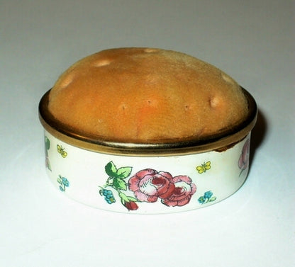 HALCYON DAYS ENAMEL BOX - FLORAL & BUTTERFLY PIN CUSHION - ROSES - SEWING - MIB
