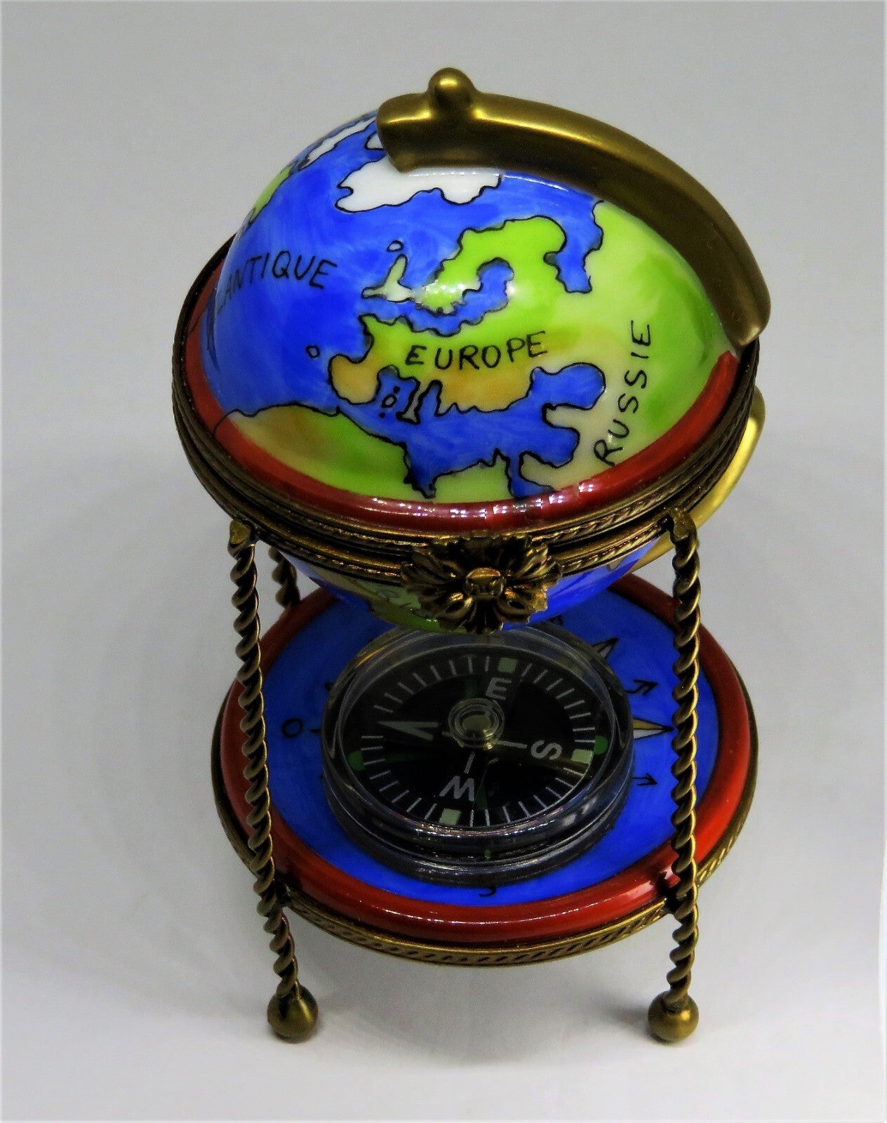 LIMOGES FRANCE BOX -PARRY-VIEILLE- WORLD GLOBE & METAL STAND - REMOVABLE COMPASS