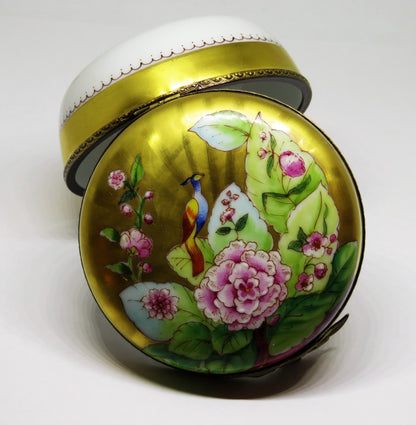 LIMOGES BEAUCHAMP - HUGE GOLD INCRUSTATION ROUND BOX - BIRD & PINK FLOWERS