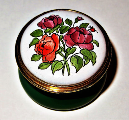 STAFFORDSHIRE ENGLISH ENAMEL BOX - FLOWER OF THE MONTH - JUNE - ROSES - LADYBUG
