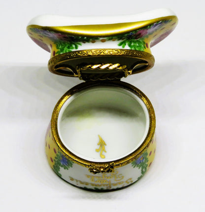 LIMOGES FRANCE BOX - PARIS PARFUMERIE HAT & PERFUME BOTTLE - FLOWERS - ROSES