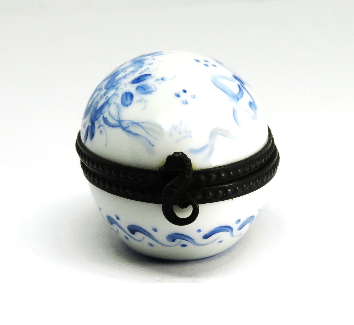 LIMOGES FRANCE BOX ~ VINTAGE FLORAL EASTER EGG ~ BLUE FLOWERS ~ TOP SIGNED "MC"