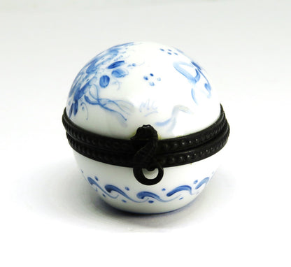 LIMOGES FRANCE BOX ~ VINTAGE FLORAL EASTER EGG ~ BLUE FLOWERS ~ TOP SIGNED "MC"