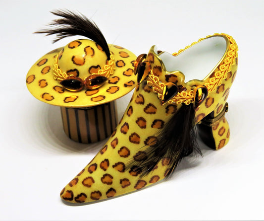 LIMOGES 2 BOX SET- EXOTIC LEOPARD PRINT HAT & SHOE - BRAID & FEATHERS & CRYSTALS