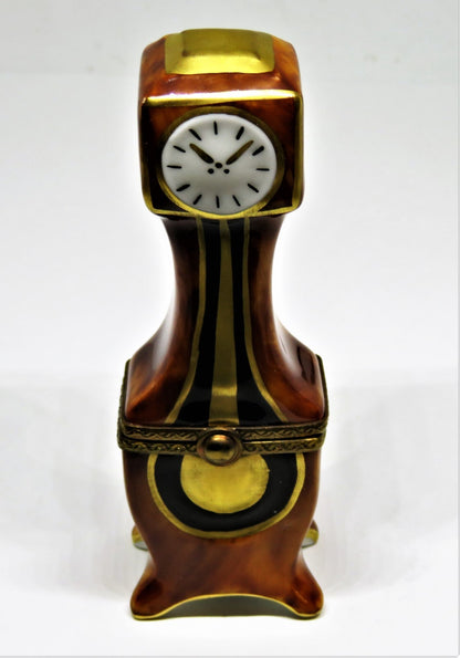LIMOGES FRANCE BOX - PARRY-VIEILLE - 'WOODEN' GRANDFATHER CLOCK & GOLD PENDULUM