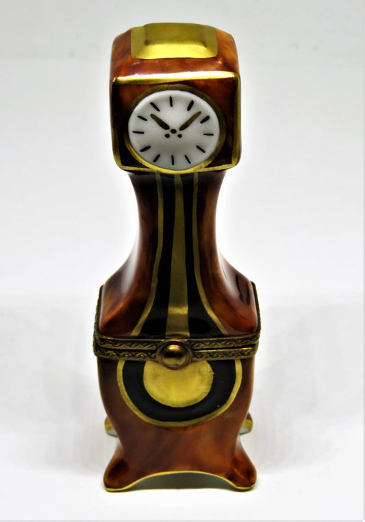 LIMOGES FRANCE BOX - PARRY-VIEILLE - 'WOODEN' GRANDFATHER CLOCK & GOLD PENDULUM