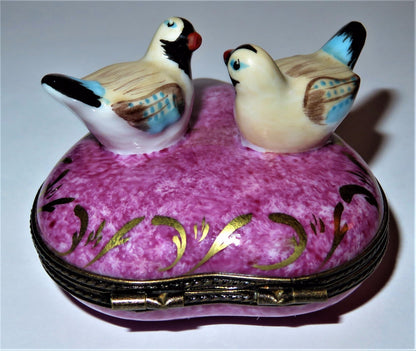LIMOGES FRANCE BOX - PINK & GOLD HEART & LOVEBIRDS - "WITH LOVE" - ANNIVERSARY