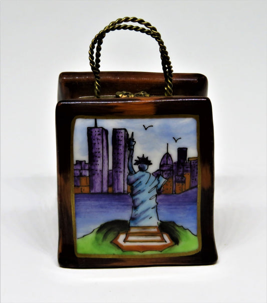 LIMOGES BOX - SHOPPING BAG PURSE -STATUE OF LIBERTY & TWIN TOWERS- NEW YORK CITY