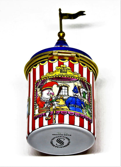 STAFFORDSHIRE ENGLISH ENAMELS BOX - STRIPED TENT WITH PUNCH & JUDY PUPPET SHOW