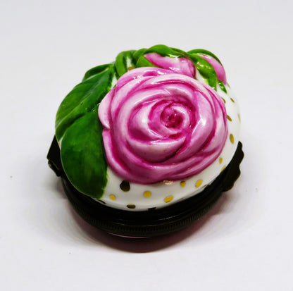 HALCYON DAYS ENGLISH ENAMEL BOX - PINK ROSE BONBONNIERE - ANNIVERSARY - MIB