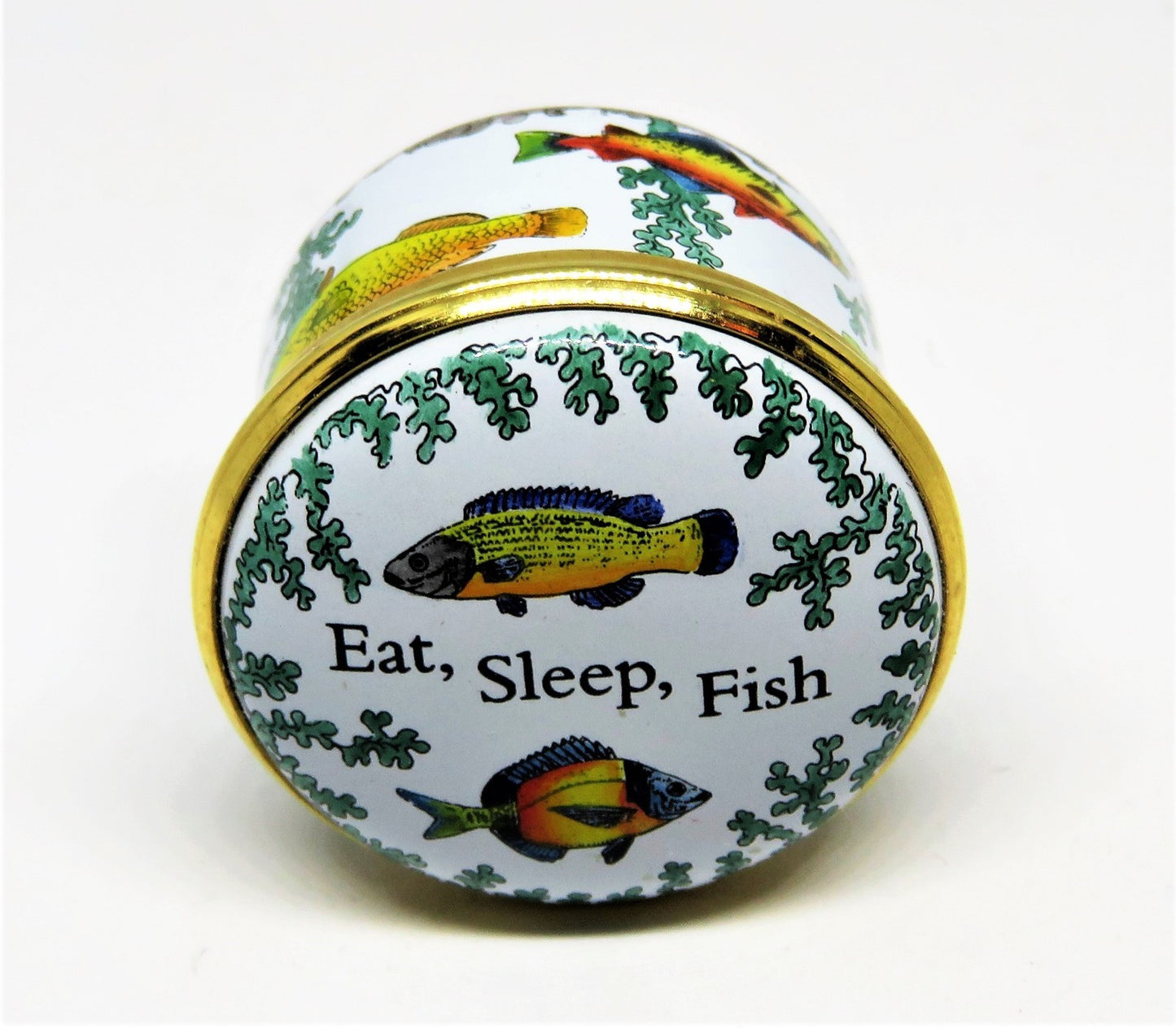 HALCYON DAYS ENAMEL BOX- "EAT, SLEEP, FISH" - FISHING - SEAWEED - GUMP'S - GUMPS
