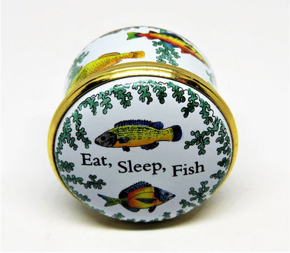 HALCYON DAYS ENAMEL BOX- "EAT, SLEEP, FISH" - FISHING - SEAWEED - GUMP'S - GUMPS