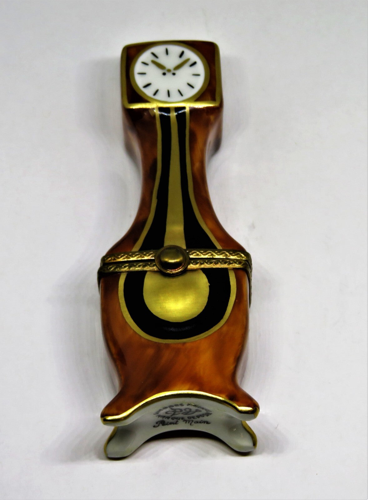 LIMOGES FRANCE BOX - PARRY-VIEILLE - 'WOODEN' GRANDFATHER CLOCK & GOLD PENDULUM