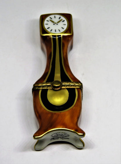 LIMOGES FRANCE BOX - PARRY-VIEILLE - 'WOODEN' GRANDFATHER CLOCK & GOLD PENDULUM