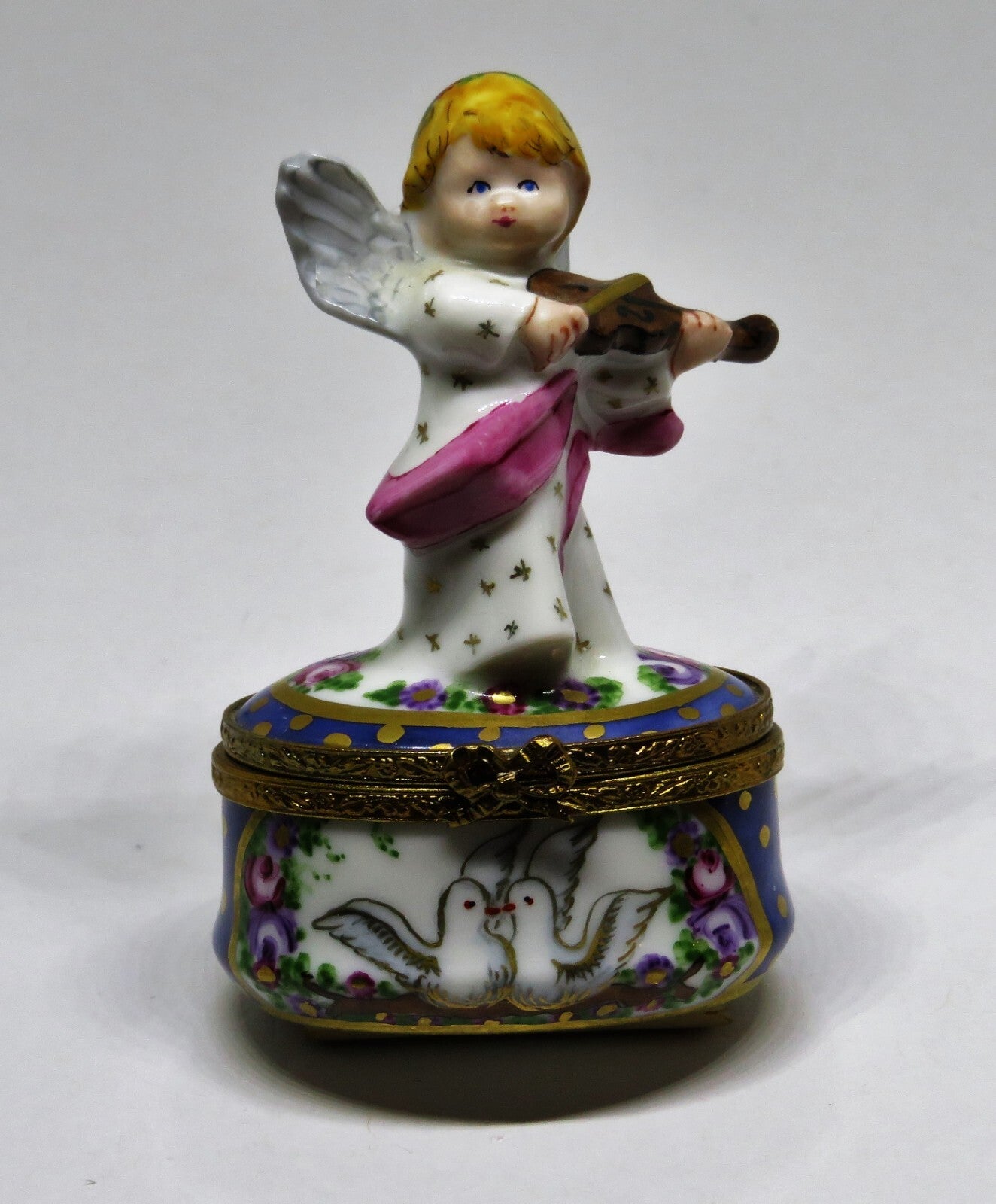 LIMOGES FRANCE BOX - CHRISTMAS - ANGEL & VIOLIN - FLOWERS & DOVES & STARS