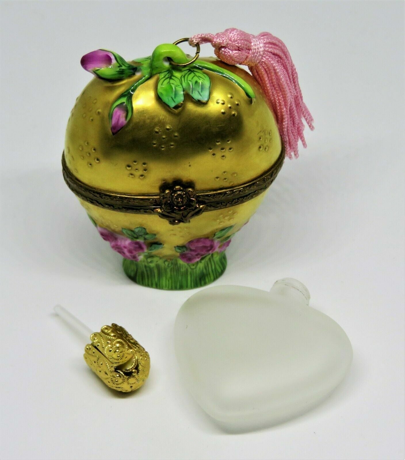 LIMOGES BOX - ROCHARD - GOLD FLORAL HEART & PERFUME BOTTLE - PINK ROSES & TASSEL