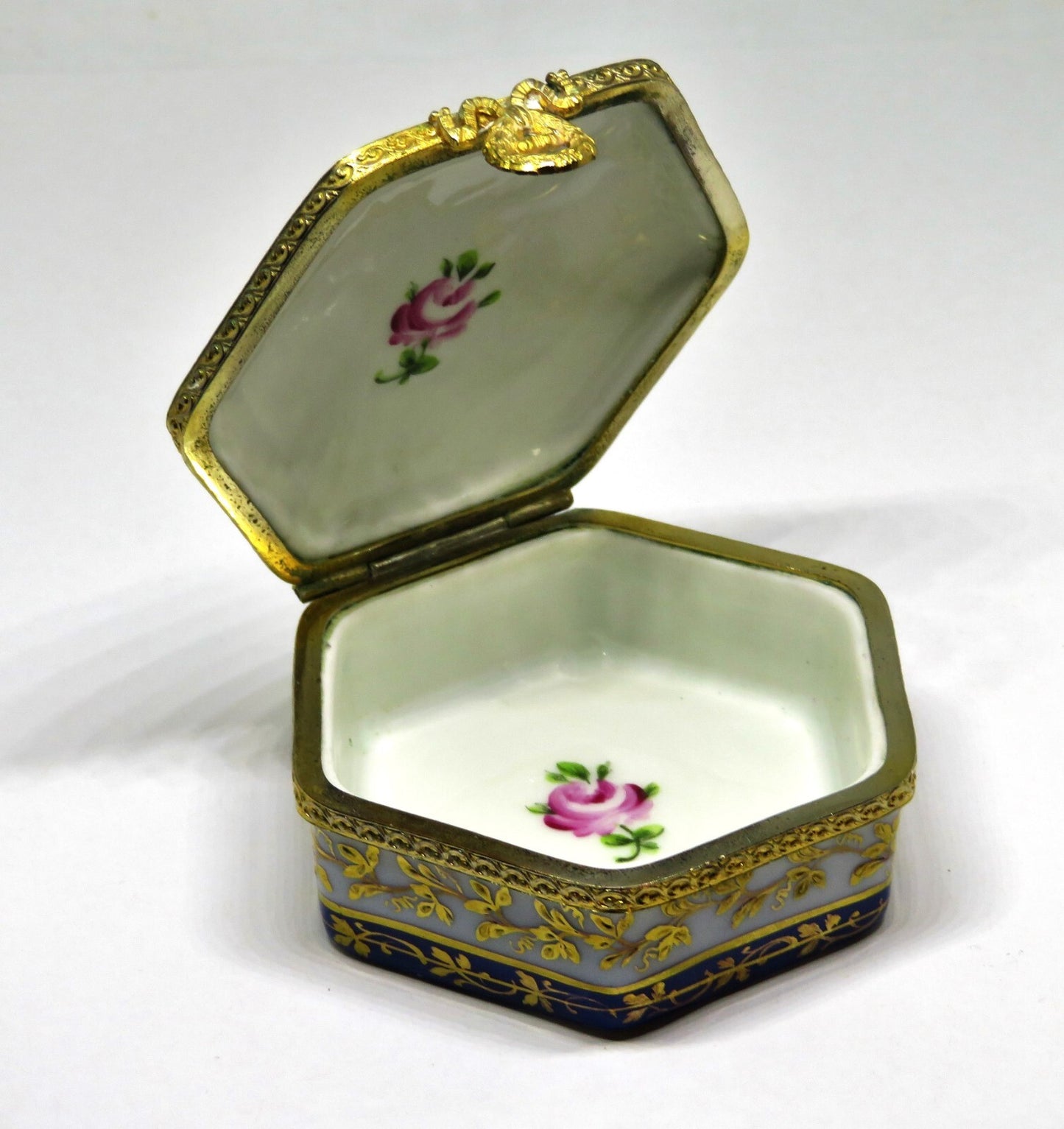 LIMOGES FRANCE HEXAGON BOX - LE TALLEC - FLOWERS & GOLD VINES - ROSES - 1960