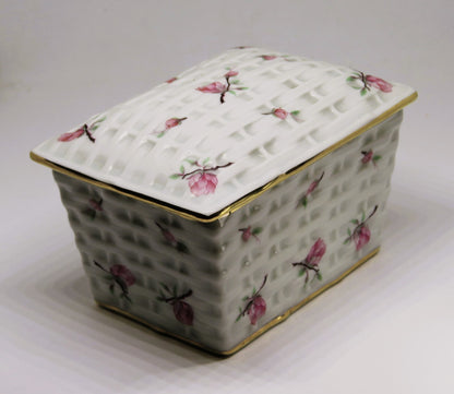 LIMOGES FRANCE TWO PIECE BOX ~ 'WOVEN WICKER' WITH PINK FLOWERS & BUDS
