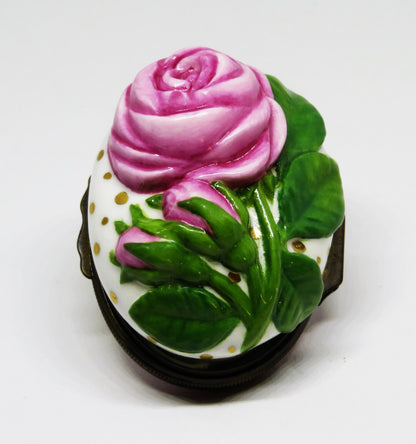 HALCYON DAYS ENGLISH ENAMEL BOX - PINK ROSE BONBONNIERE - ANNIVERSARY - MIB