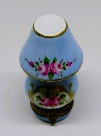 LIMOGES FRANCE BOX - CHAMART - BLUE FLORAL TABLE LAMP - PINK ROSES