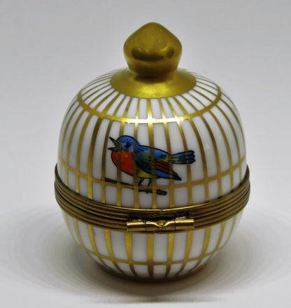 LIMOGES FRANCE BOX ~ EXIMIOUS ~ SONG BIRDS IN A ROUND CAGE ~ MUSICAL NOTES