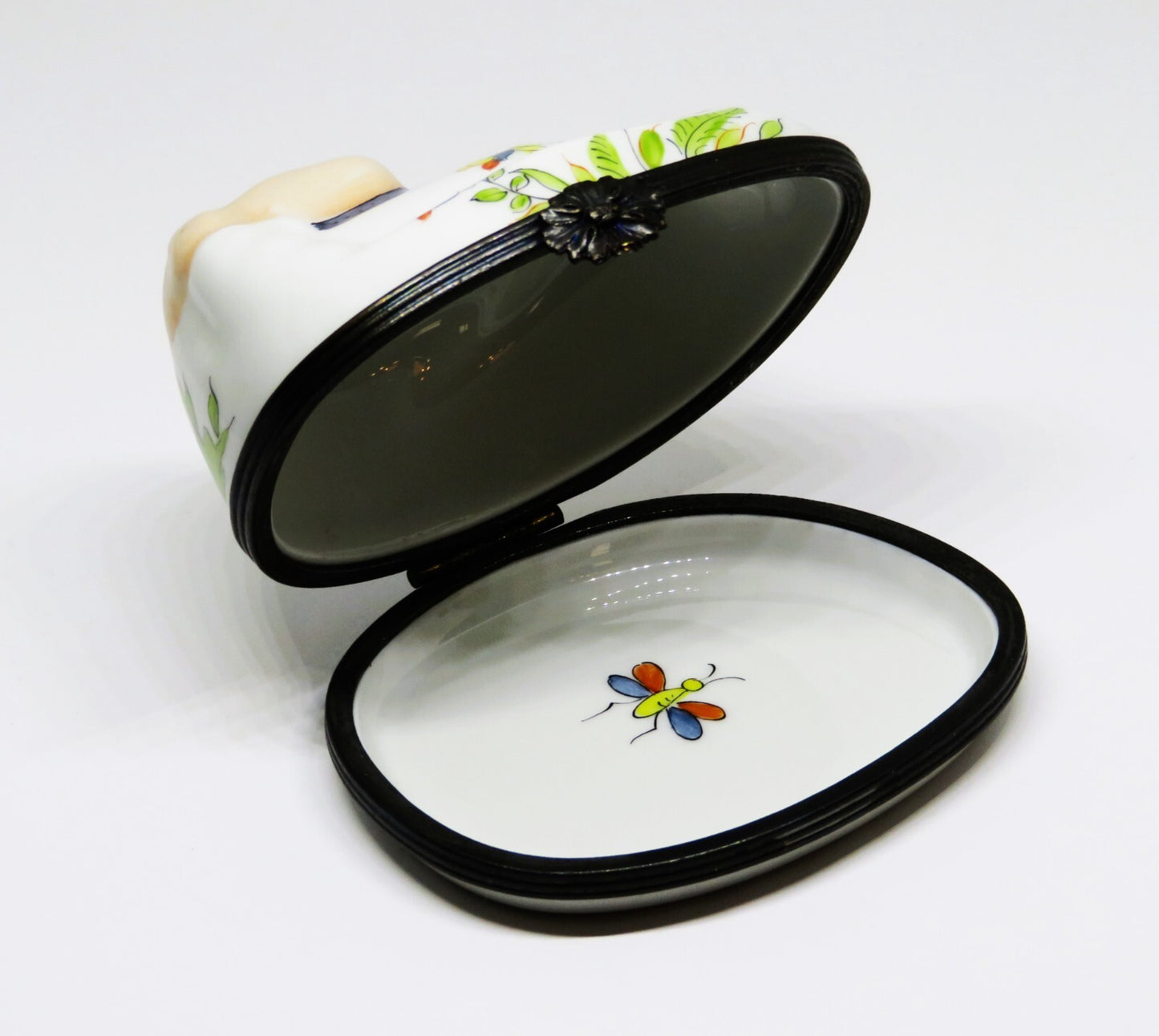 LIMOGES FRANCE BOX - RECLINING BUDDHA - FLOWERS & BUTTERFLY & ASIAN MAN - "MC"