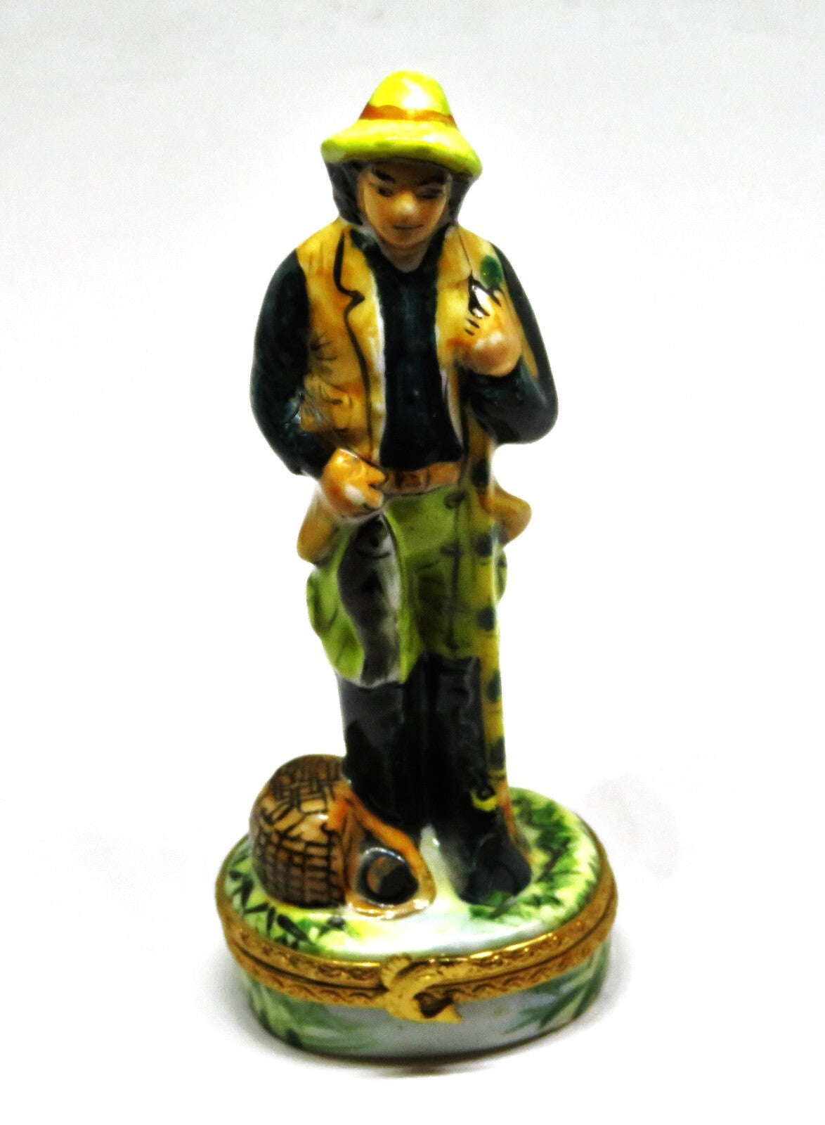 LIMOGES FRANCE BOX ~ FISHERMAN ~ ROD & CREEL & FISH ~ PEINT MAIN - PEINT MAIN