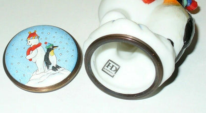 HALCYON DAYS ENGLISH ENAMEL BOX- SNOWMAN & PENGUIN - CHRISTMAS BONBONNIERE - MIB