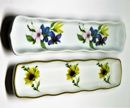 LIMOGES FRANCE - TWO RELISH TRAYS - TRINKET DISH - FLOWERS - ROCHARD