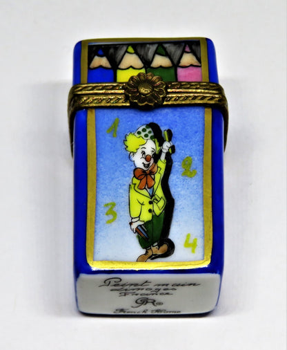 LIMOGES BOX OF CRAYONS -GR- 4 REMOVABLE COLORED PENCILS -SCHOOL- CLOWN & FLOWERS
