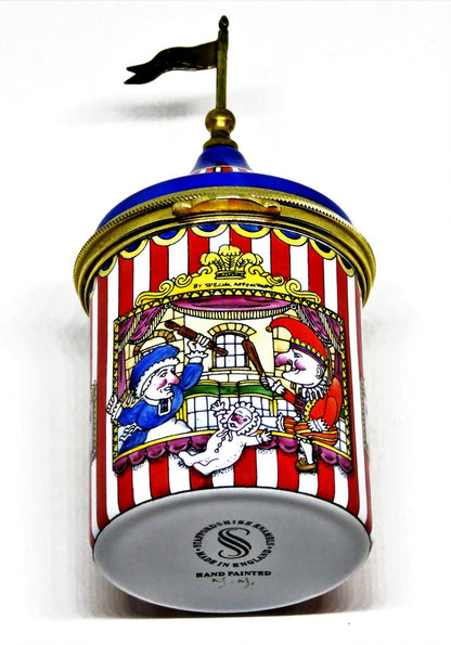 STAFFORDSHIRE ENGLISH ENAMELS BOX - STRIPED TENT WITH PUNCH & JUDY PUPPET SHOW