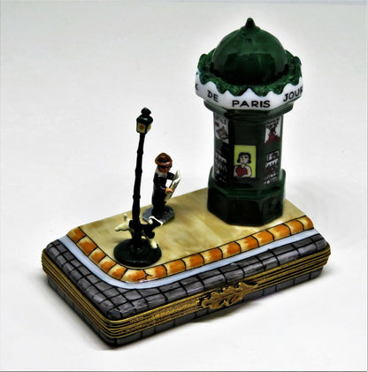LIMOGES FRANCE BOX - PARIS SCENE - NEWSPAPER KIOSK & MAN & DOG & STREET LIGHT