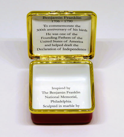 HALCYON DAYS ENGLISH ENAMEL BOX - BENJAMIN FRANKLIN & U. S. FLAG - PHILADELPHIA