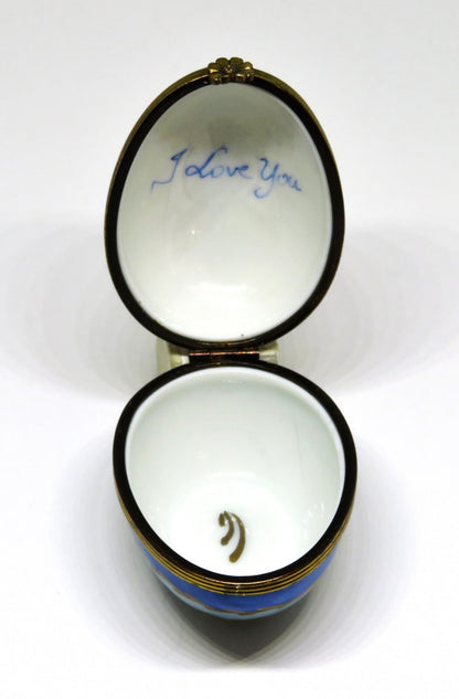 LIMOGES FRANCE BOX ~ VINTAGE HARLEQUIN EGG ~ DIAMOND PATTERN ~"I LOVE YOU"