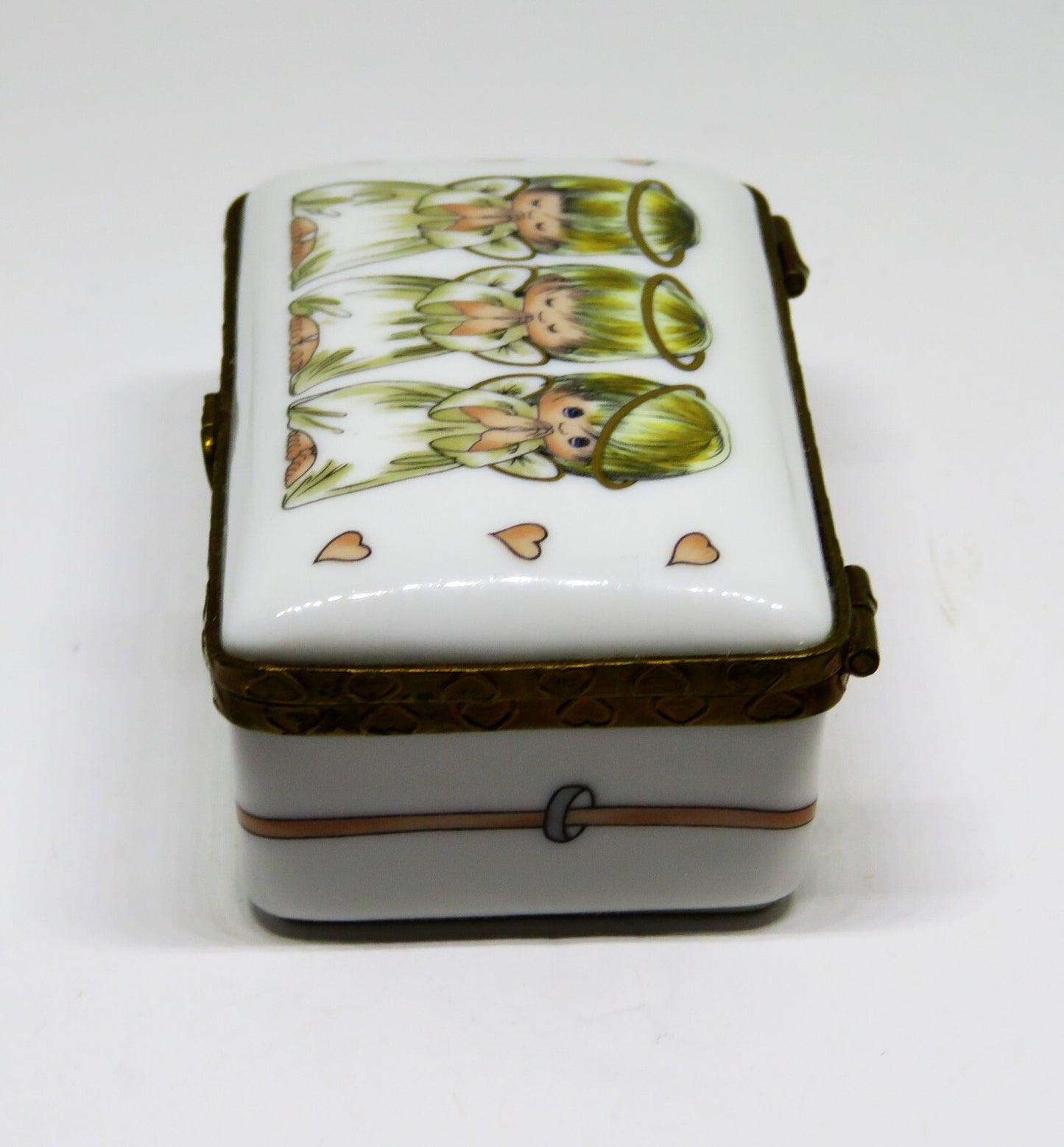 LIMOGES FRANCE BOX - ROCHARD - 3 LITTLE ANGELS - PINK HEARTS - "GOD BLESS YOU!"