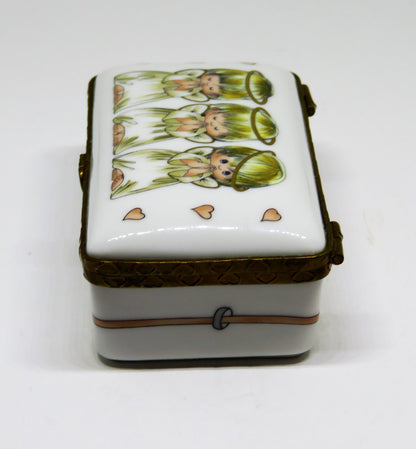 LIMOGES FRANCE BOX - ROCHARD - 3 LITTLE ANGELS - PINK HEARTS - "GOD BLESS YOU!"
