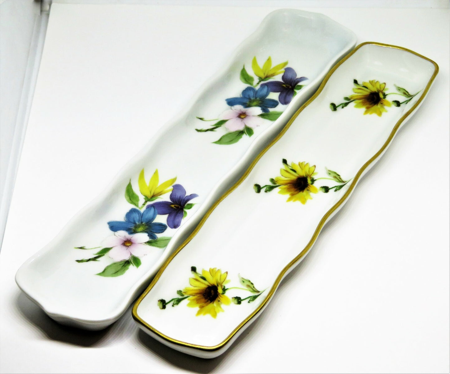 LIMOGES FRANCE - TWO RELISH TRAYS - TRINKET DISH - FLOWERS - ROCHARD