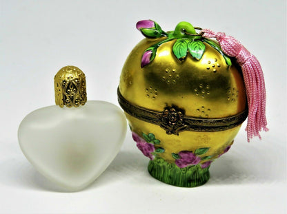 LIMOGES BOX - ROCHARD - GOLD FLORAL HEART & PERFUME BOTTLE - PINK ROSES & TASSEL
