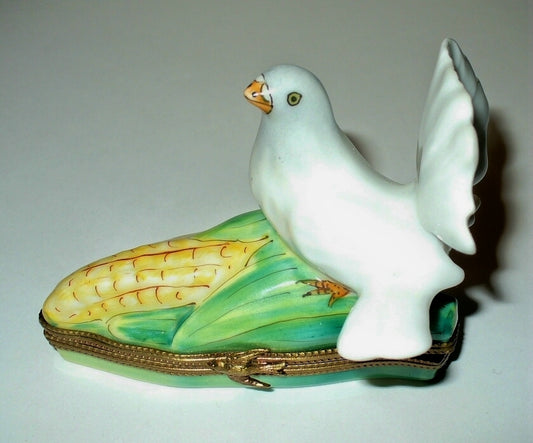 LIMOGES FRANCE BOX - THANKSGIVING - WHITE FANTAIL DOVE ON AN EAR OF CORN - BIRDS