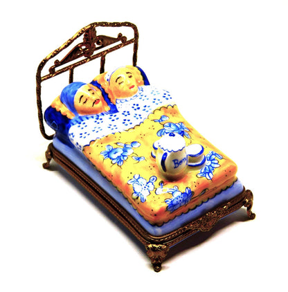 LIMOGES FRANCE BOX - COUPLE IN A BRASS BED - COFFEE  POT & CUPS - "BONJOUR"