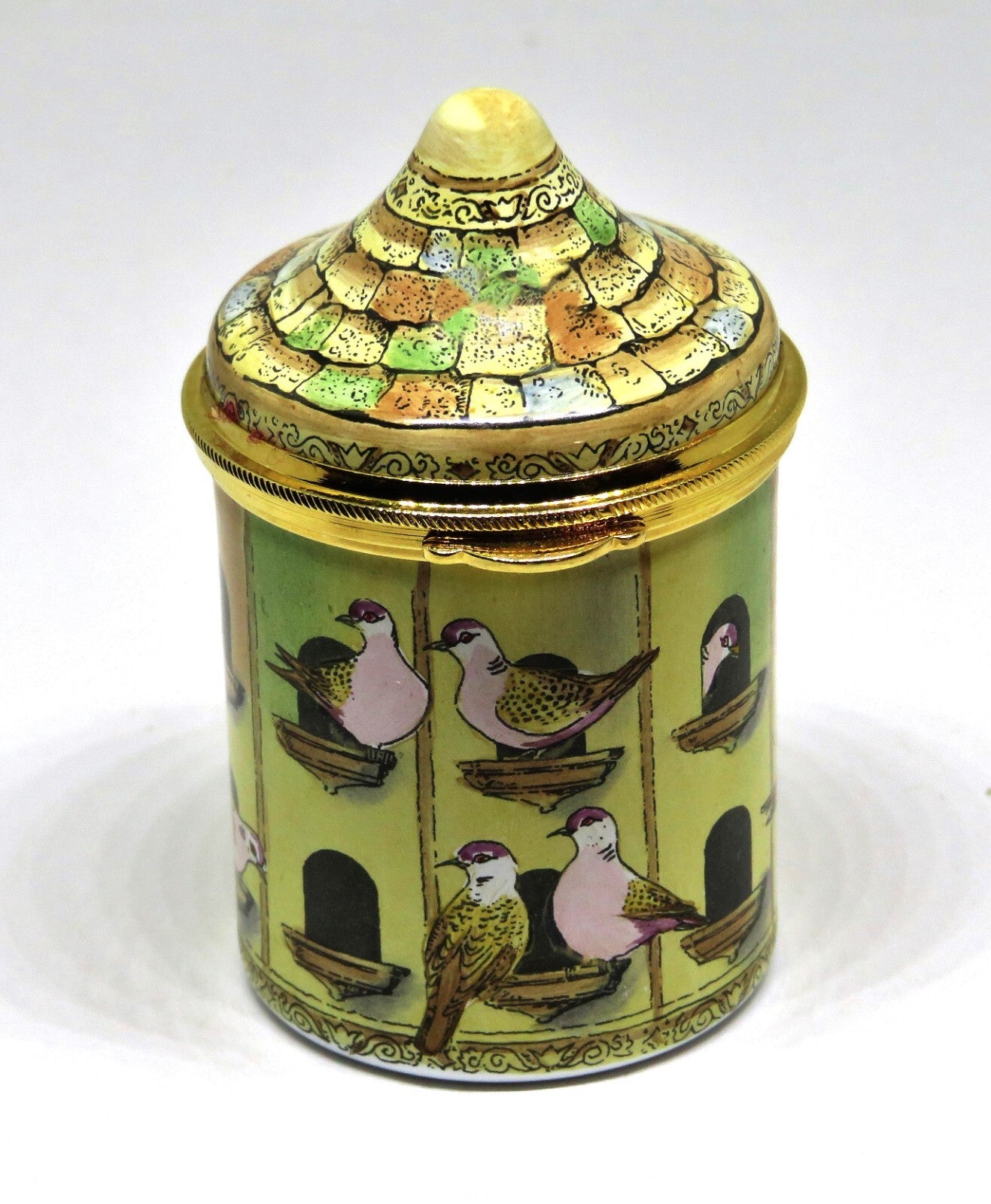 STAFFORDSHIRE ENGLISH ENAMEL BOX - DOVECOTE - BIRD HOUSE- PIGEONS - MIB