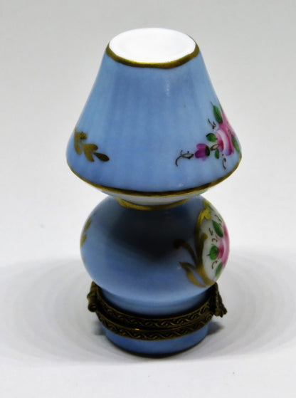 LIMOGES FRANCE BOX - CHAMART - BLUE FLORAL TABLE LAMP - PINK ROSES