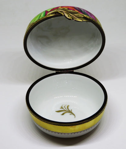 LIMOGES BEAUCHAMP - HUGE GOLD INCRUSTATION ROUND BOX - BIRD & PINK FLOWERS