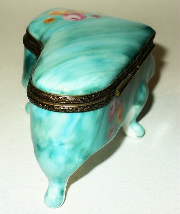 LIMOGES FRANCE BOX~ TEAL GRAND PIANO & FLOWERS ~ ROSES ~ SHEET MUSIC ~PEINT MAIN