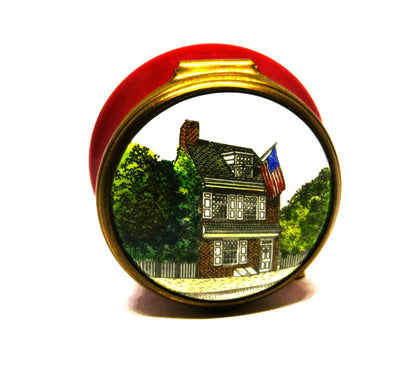 HALCYON DAYS ENGLISH ENAMEL BOX -BETSY ROSS HOUSE- PHILADELPHIA -U. S. FLAG- MIB