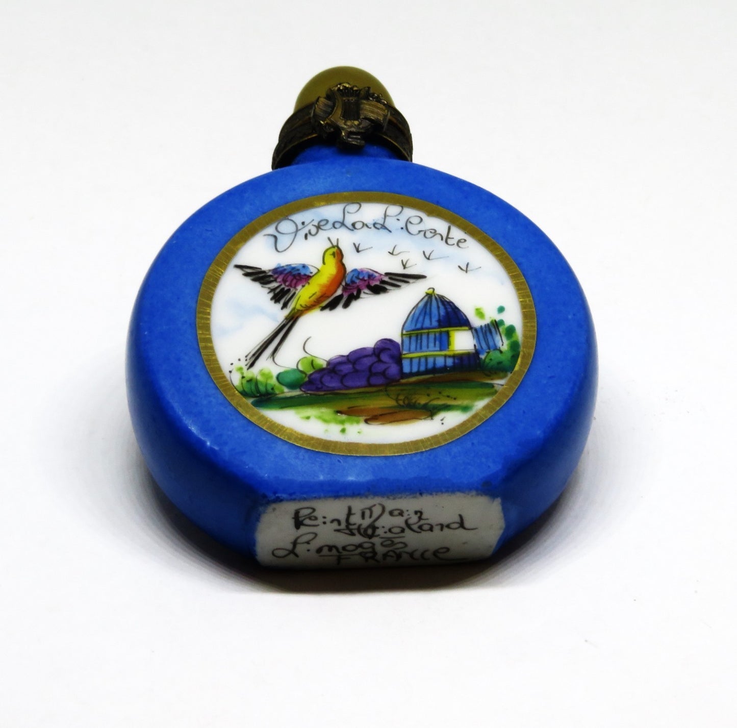 LIMOGES FRANCE BOX - VIALARD - BLUE PERFUME BOTTLE & BIRD - "VIVE LA LIBERTÉ"
