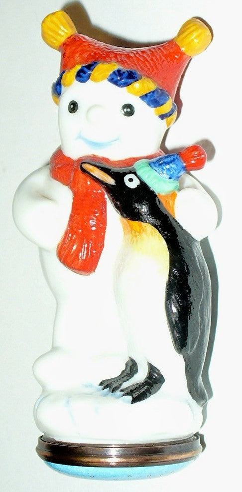 HALCYON DAYS ENGLISH ENAMEL BOX- SNOWMAN & PENGUIN - CHRISTMAS BONBONNIERE - MIB