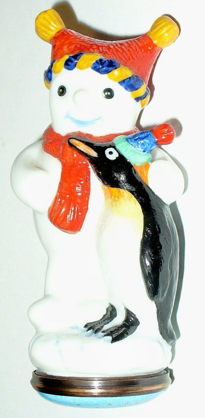 HALCYON DAYS ENGLISH ENAMEL BOX- SNOWMAN & PENGUIN - CHRISTMAS BONBONNIERE - MIB