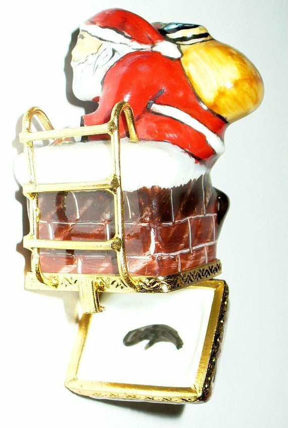 LIMOGES FRANCE BOX ~ CHRISTMAS ~ SANTA CLAUS IN CHIMNEY & LADDER ~ PEINT MAIN
