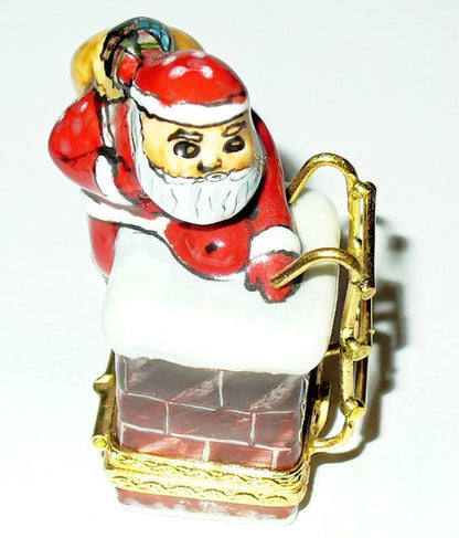 LIMOGES FRANCE BOX ~ CHRISTMAS ~ SANTA CLAUS IN CHIMNEY & LADDER ~ PEINT MAIN